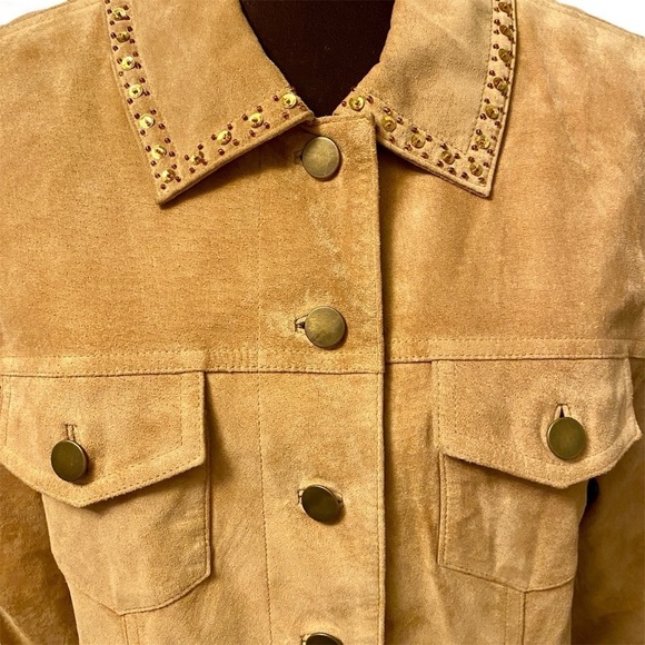 Tribal Suede Tan Leather Jacket With Gold Sequin & Beaded Trim, Womens size 10 - Picture 9 of 16
